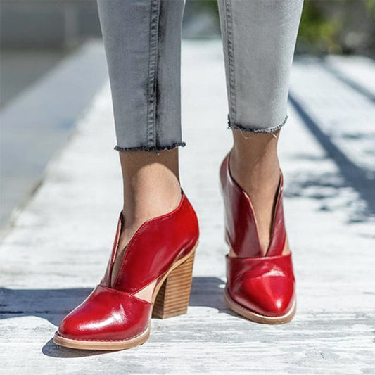 Burgundy Chunky Heels Women's Vintage Shoes Low Cut Loafers