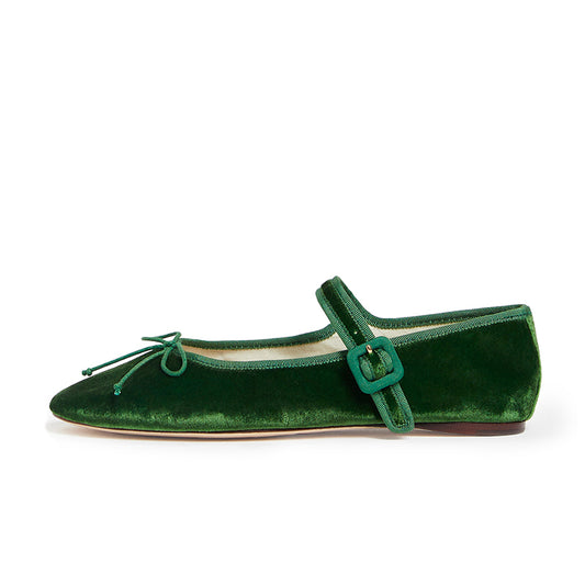 Green Velvet Vintage Shoes Round Toe Women's Mary Jane Flats with Bow