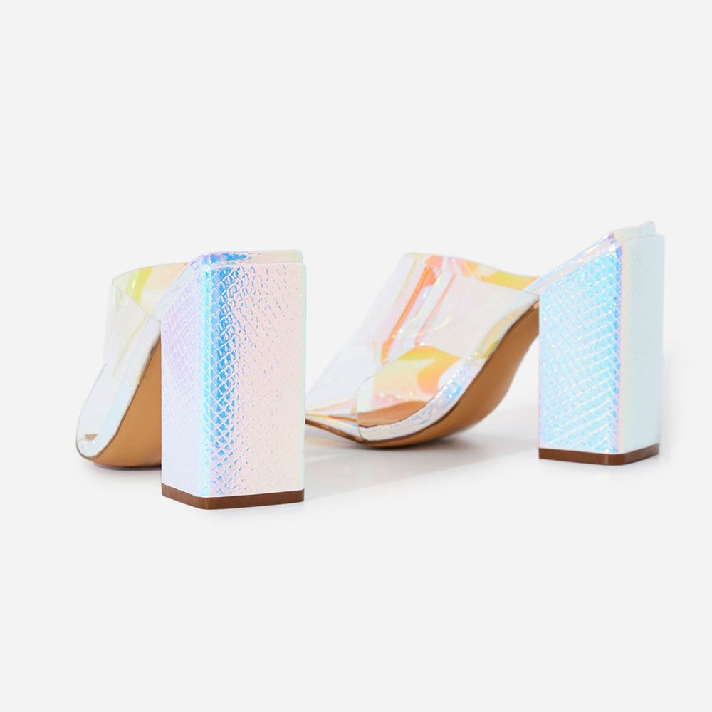 Women's Hologram Square Toe Transparent PVC Block Heel Mules Shoes