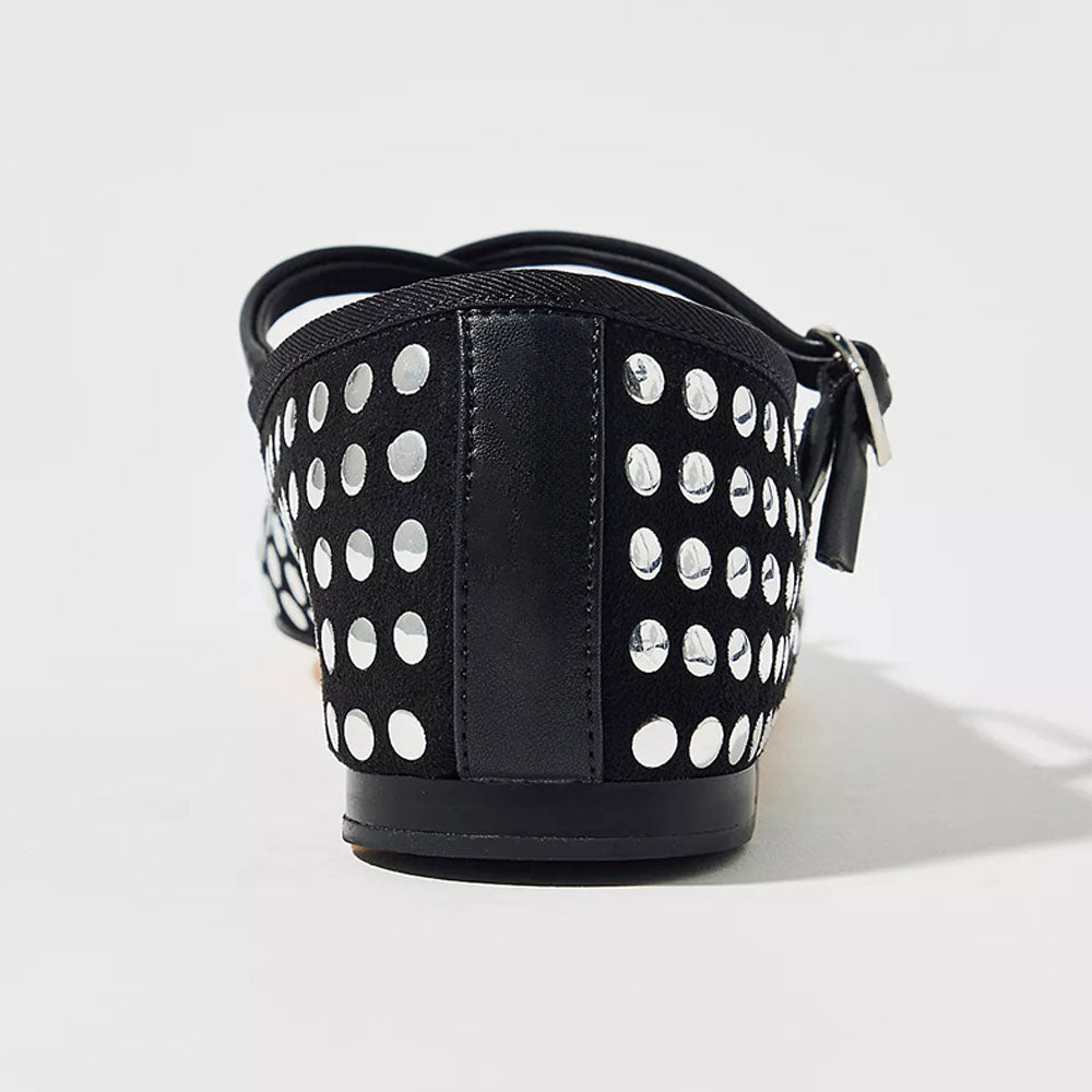Black Round Toe Studded Fashion Ballet Flats with Straps