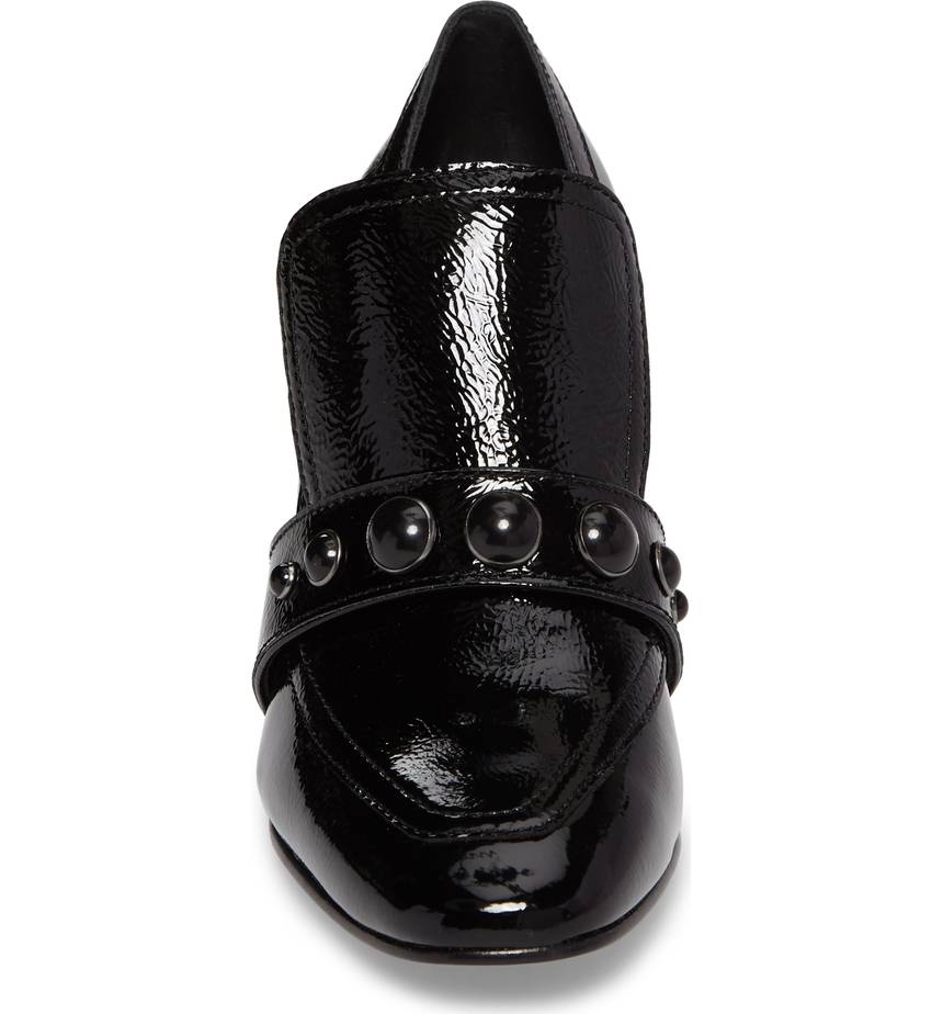 Stylish Black Studded Strap Block Heel Women's Loafers