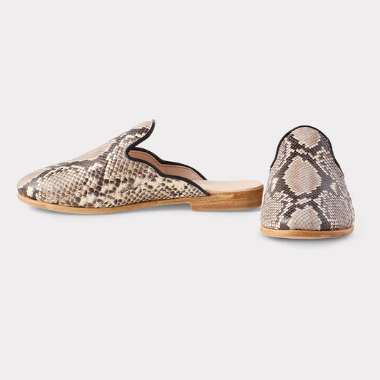 Beige & Black Python Embossed Round Toe Slip-On Flat Mules Shoes