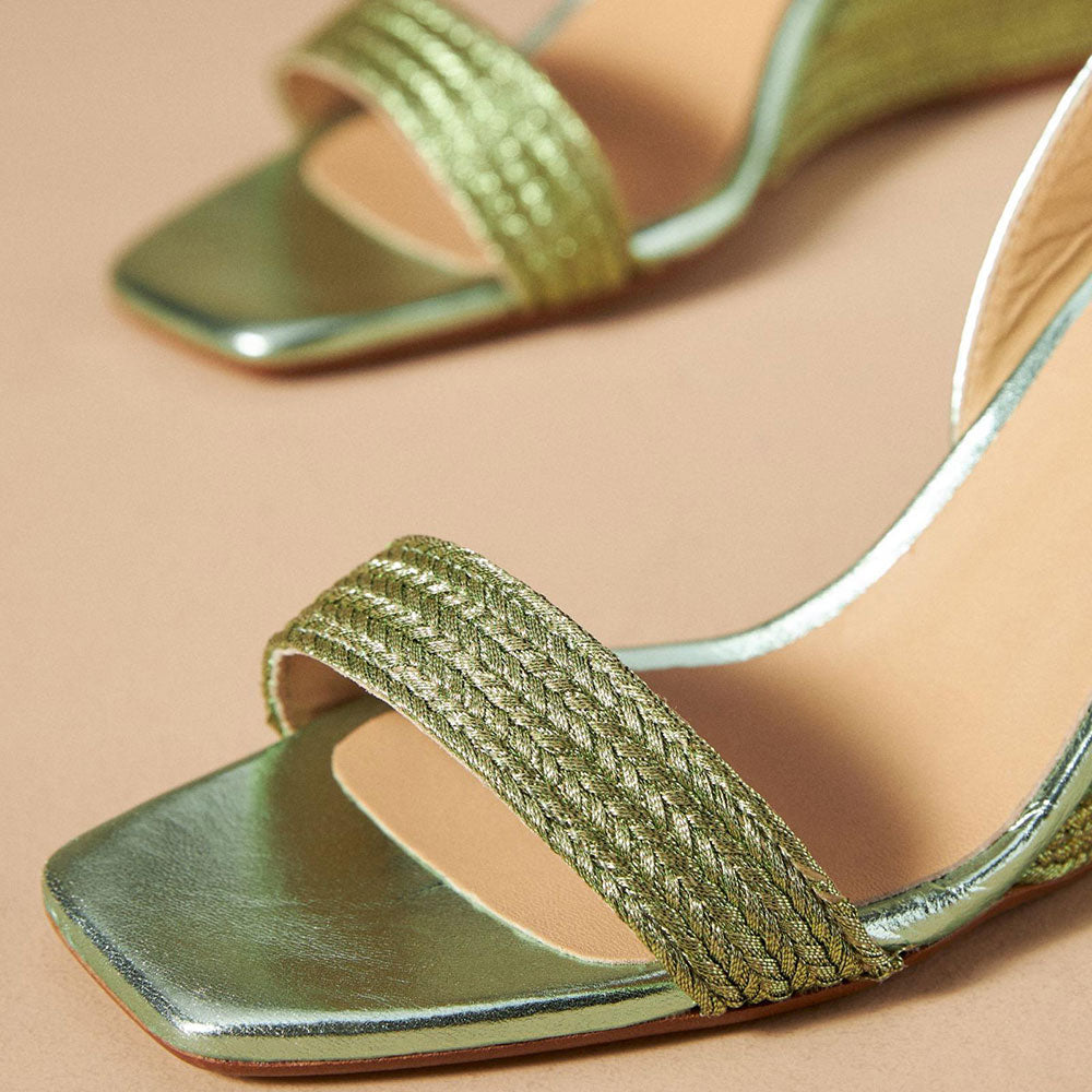 Green Woven Raffia Open Square Toe Slingback Wedge Sandals