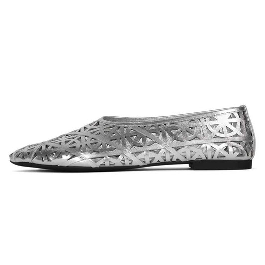 Women's Fashion Round Toe Laser Cut Flats Metallic Shoes in Silver