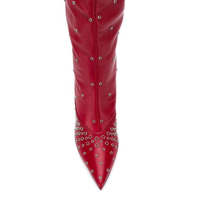 Red Studs Stiletto Heel Pointed Toe Knee High Boots