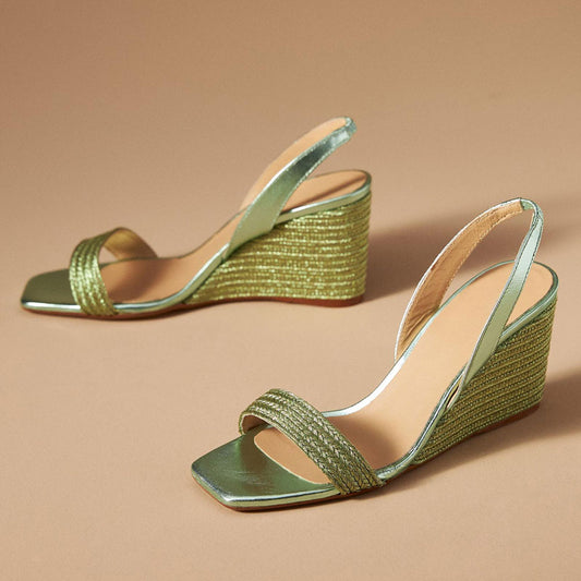 Green Woven Raffia Open Square Toe Slingback Wedge Sandals