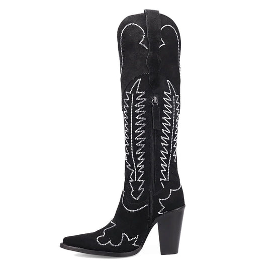 Black Vegan Suede Snip Toe Rhinestone Patterns Women's Western Boots