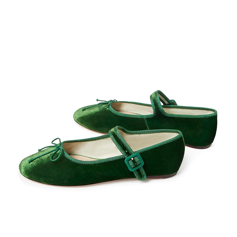 Green Velvet Vintage Shoes Round Toe Women's Mary Jane Flats with Bow