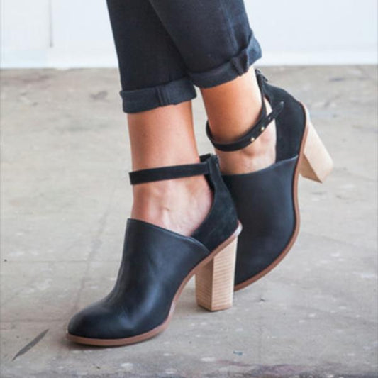 Black Heeled Boots Retro Ankle Strap Chunky Heel Ankle Boots