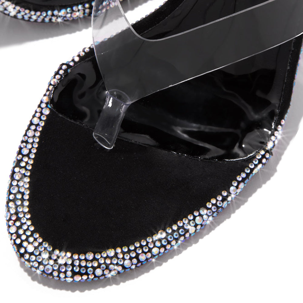 Black & Clear PVC Open Toe 3'' Stiletto Heel Mules with Rhinestone