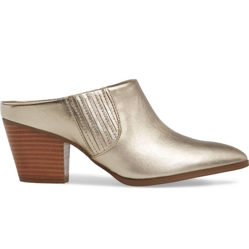 Women's Champagne Pointed Toe Vintage Block Heels Mules Shoes