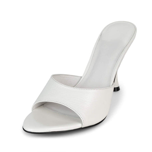 White Vegan Leather Round Toe 3__ Flared Heel Sophisticated Mules