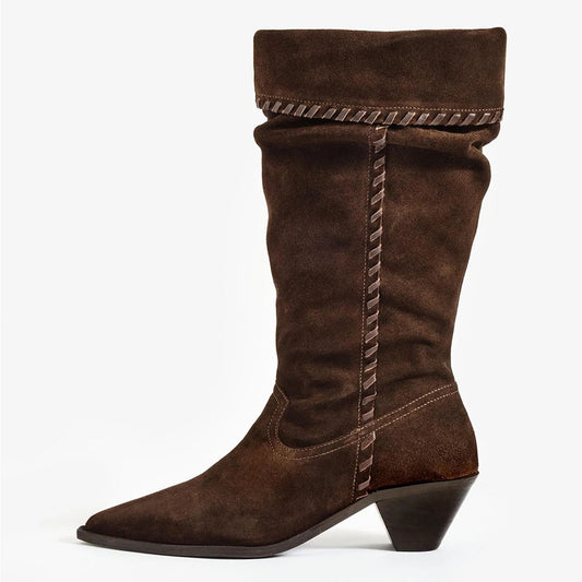 Brown Pointed Toe Whipstitch Chunky Heel Fold Over Mid Calf Boots
