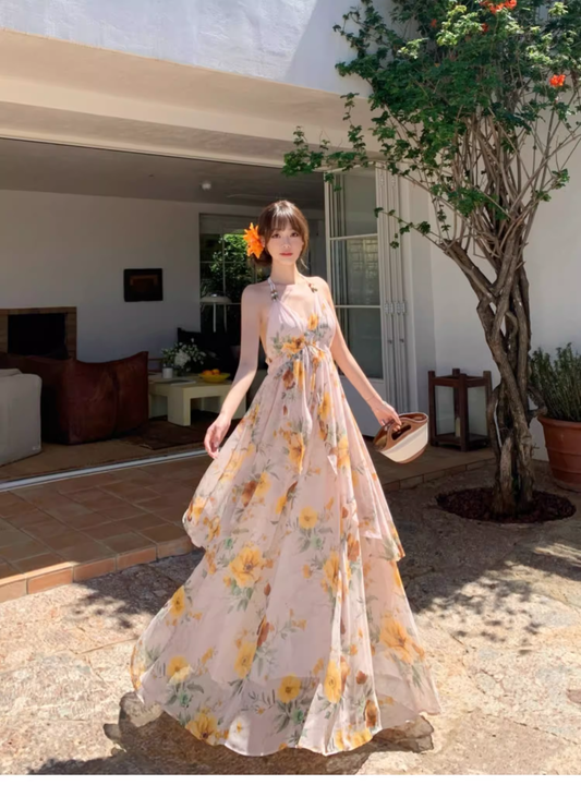 New Fashion Floral V-neck Design Elegant Beach Holiday A-line Sleeveless Halter Dress Summer DressTP4257