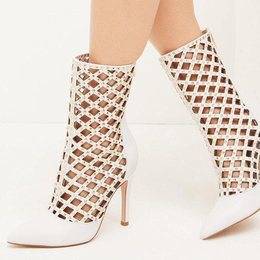 White Pointed Boots Cutout Ankle Boots