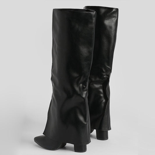 Black Pointed Toe Fold Over Knee High Boots with Chunky Heel