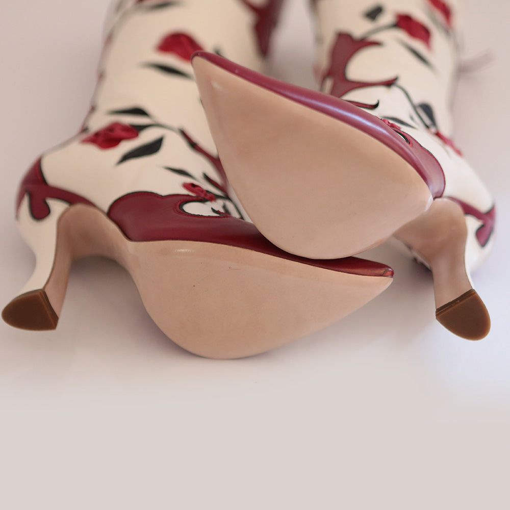 Red and Ivory Pointed Toe Rose Spool Heel Zipper Knee High Boots