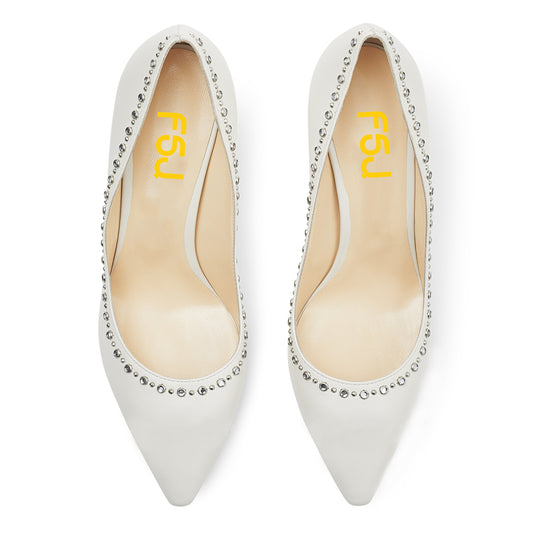 Women's Rhinestone Studded Stiletto Heel Pumps Shoes in White