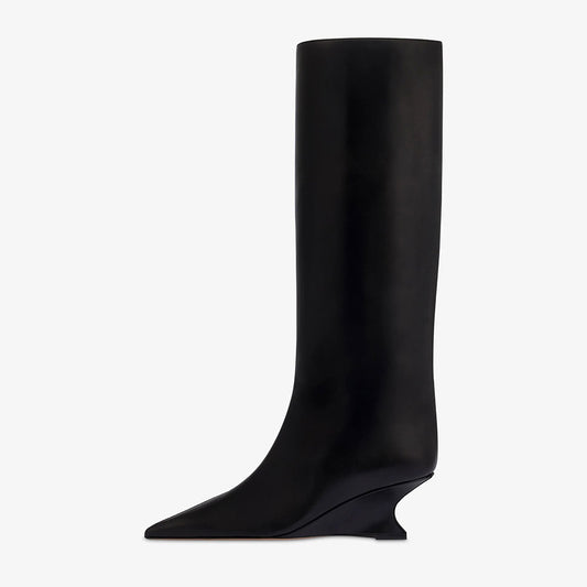 Black Pointed Toe Sculptural Wedge Heel Pull-On Knee High Boots