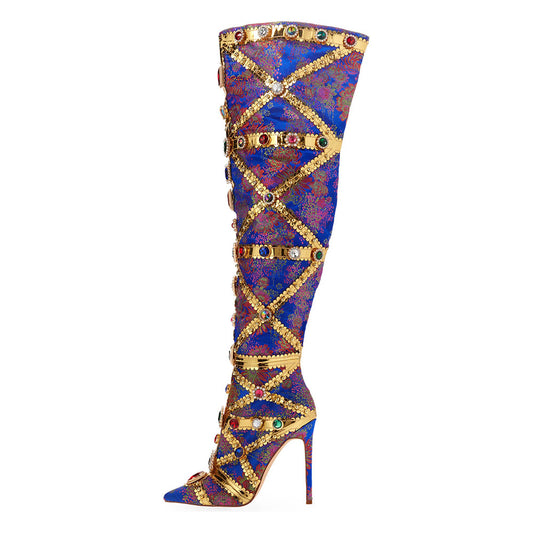 Blue Floral Jacquard Stiletto Heel Knee High Boots with Gem Decor
