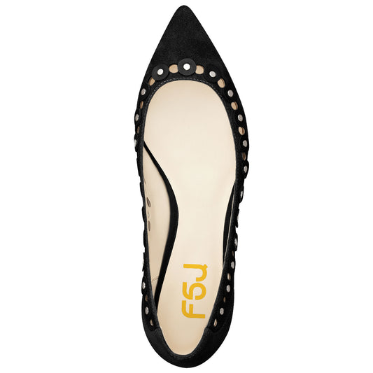 Black Vegan Suede Hollow Out Studded Pointed Toe Flats for Women
