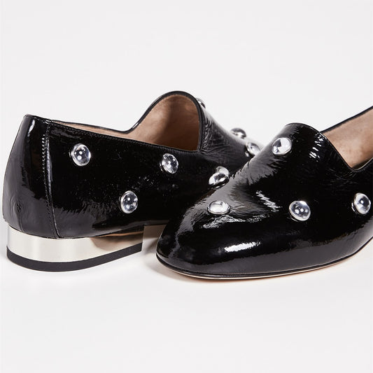 Black Almond Toe Casual Flats Rhinestone Loafers for Women