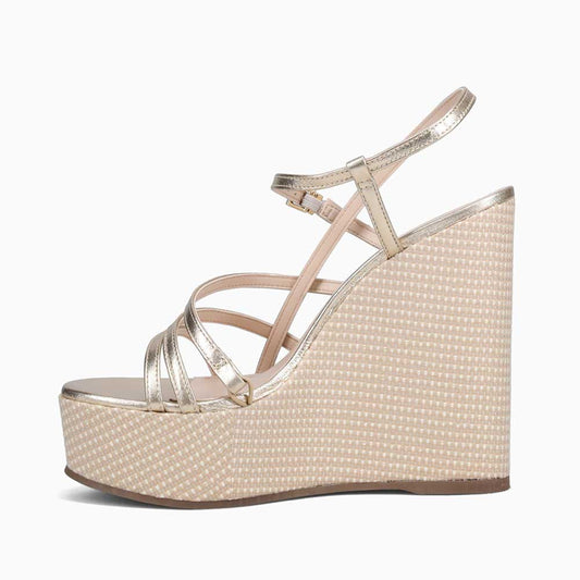 Gold & Beige Open Toe Woven Platform Strappy Wedge Sandals for Women