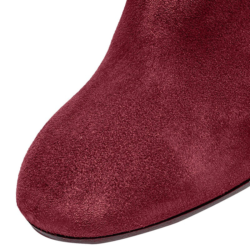 Maroon Fringe Vegan Suede Chunky Heel Round Toe Knee High Boots