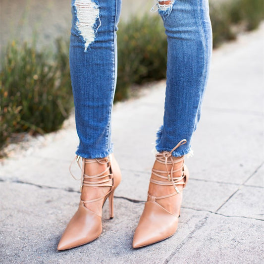 Women's Nude Stiletto Heels Strappy Pointed Toe Pumps