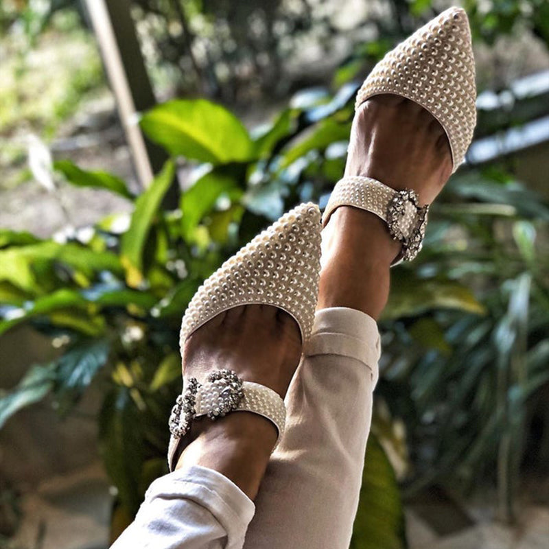 White Pearl Pointed Toe Mule Heels with Rhinestone Buckle