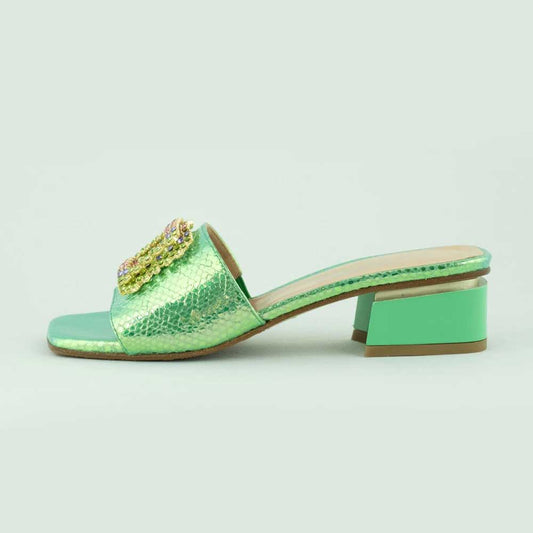 Women's Green Square Toe Block Heel Mules Shoes with Rhinestone