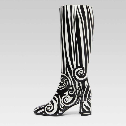 Black & White Square Toe Block Heel Knee High Boots with Side Zipper