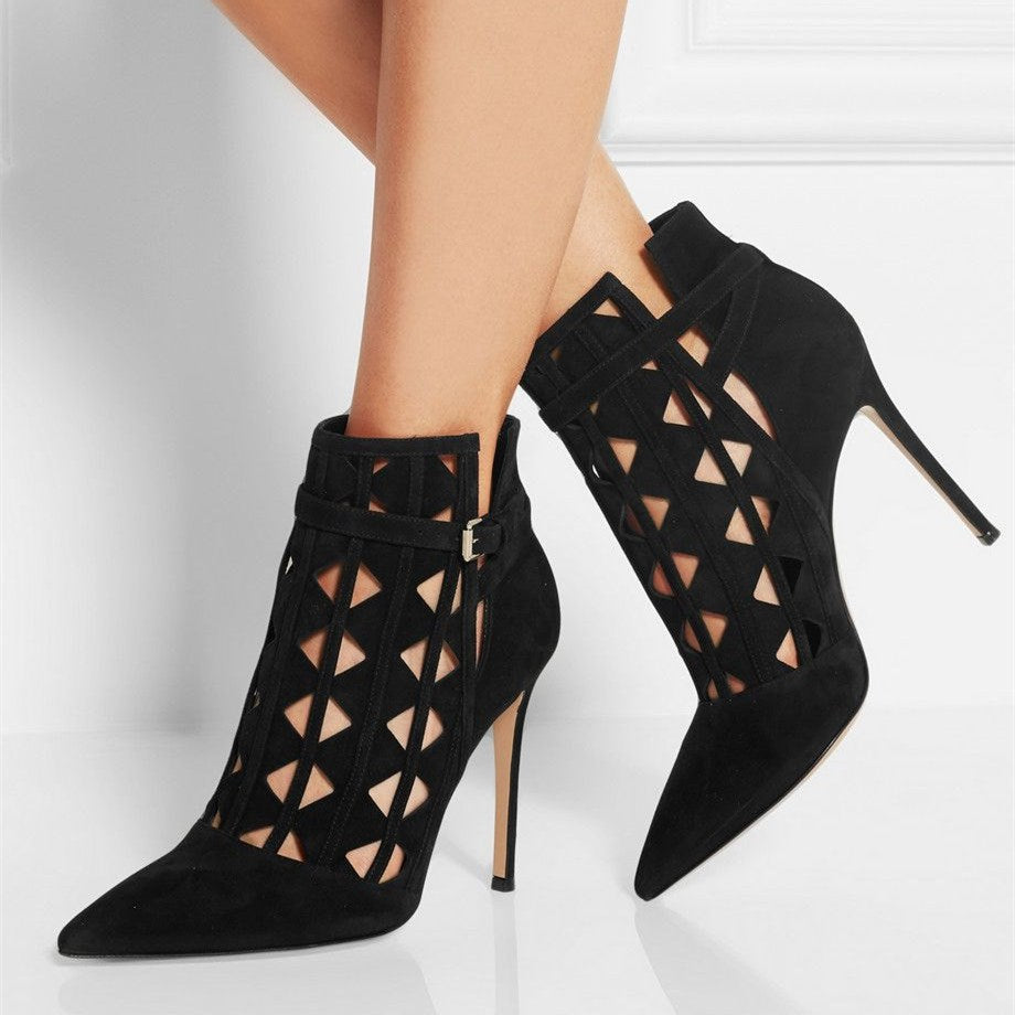 Black Pointed Toe Cut Out Stiletto Heel Ankle Boots with Buckle