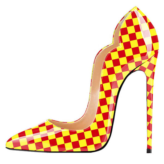 Yellow & Red Slip-On Checkered Printed Stiletto Heel Pumps for Women