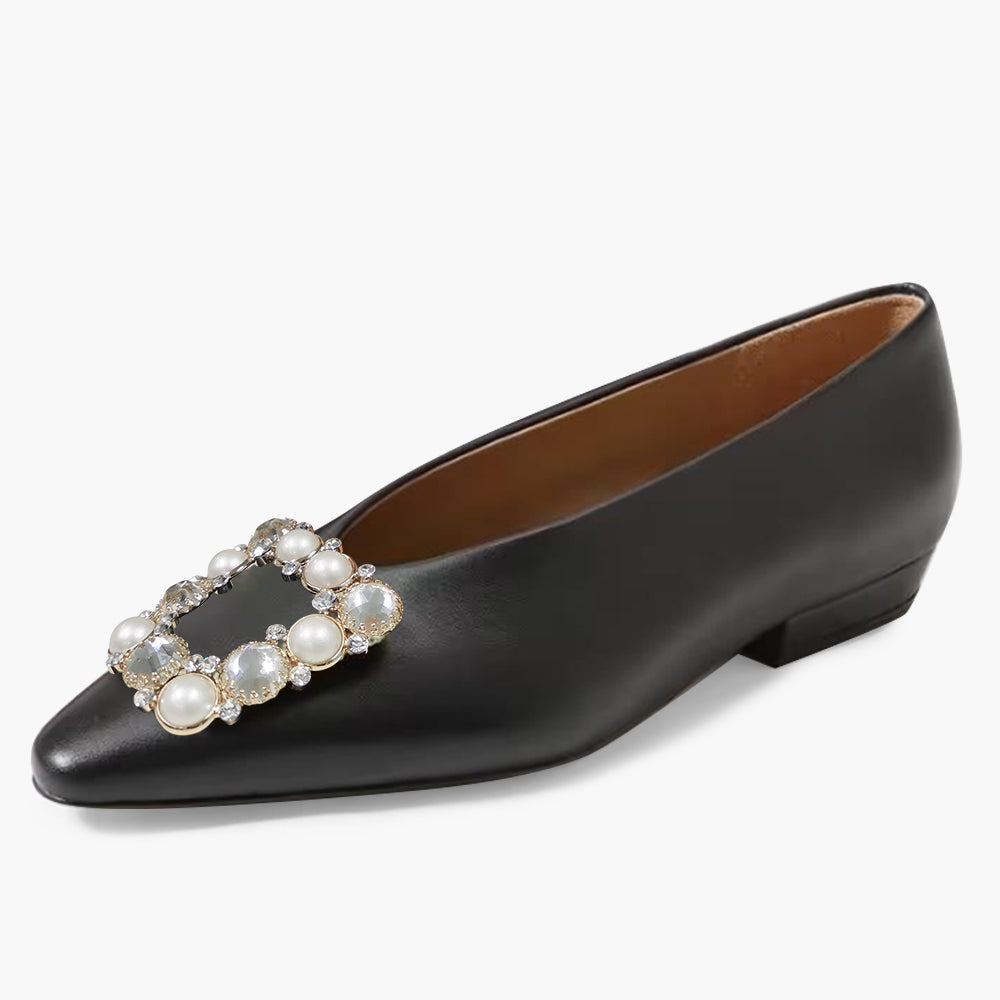Black Pointed Toe Flats With Square Pearl Decor Low Heel Flats