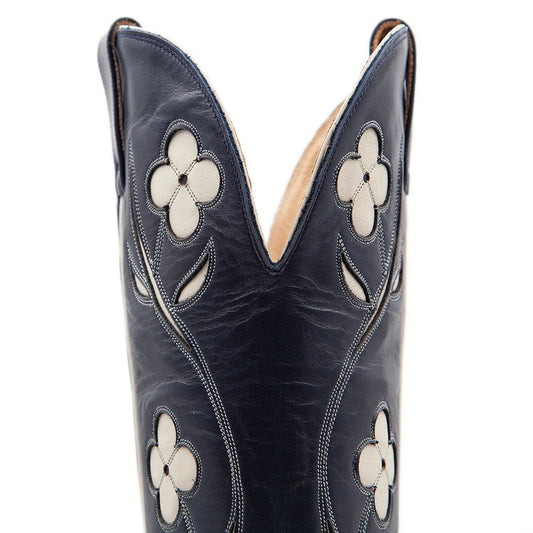Navy Pointed Toe Stitching Flower Knee High Cowboy Boots for Women
