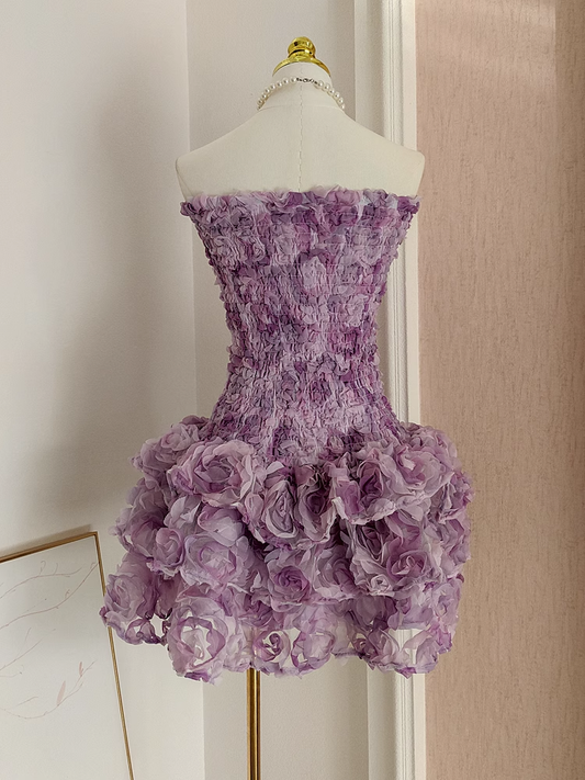Vintage Purple 3D Flowers Strapless A-line Tulle Short Party Dress Homecoming Dresses TP3926