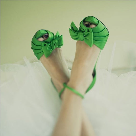 Elegant Green Satin Pleated Bow Heels Peep Toe Ankle Strap Sandals