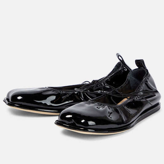 Black Patent Leather Square Toe Elasticated Edge Lace Up Ballet Flats