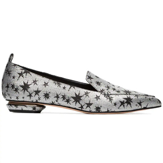 Silver and Black Star Printed Pointy Toe Flats