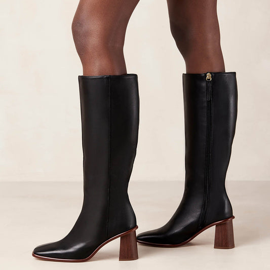Black Vegan Leather Square Toe Chunky Heel Side-Zipper Knee High Boots