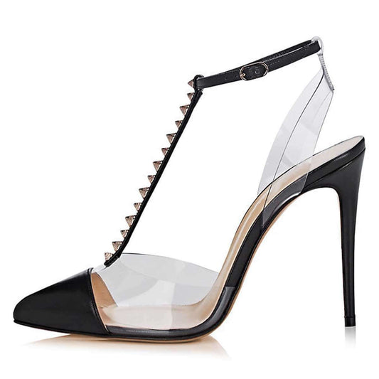 Women's Transparent PVC Patchwork Rivets T-Strap Black Pumps