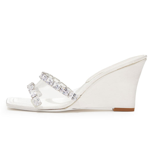White Satin Square Toe Crystal Embellished Wedge Heel Mules Sandals