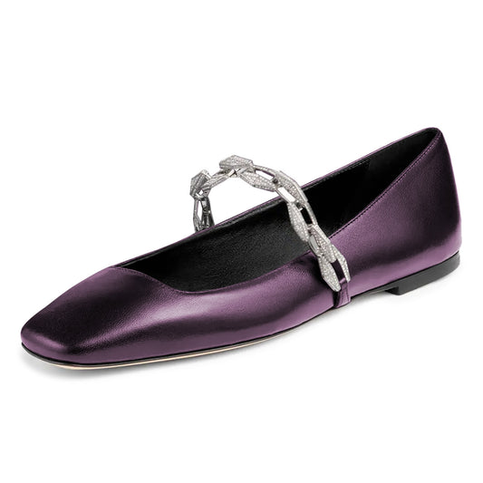 Purple Square Toe Ballet Flats with Rhinestone Chain Strap Design