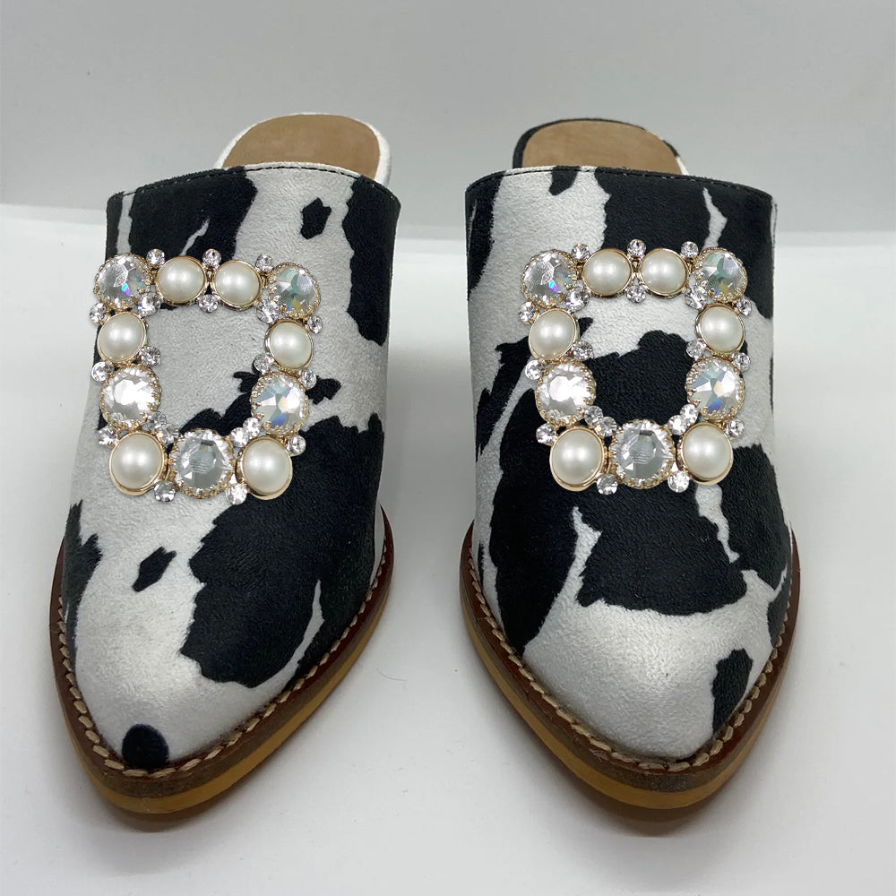 Black & White Cow Suede Pointed Toe Chunky Heel Mules with Pearl Decor