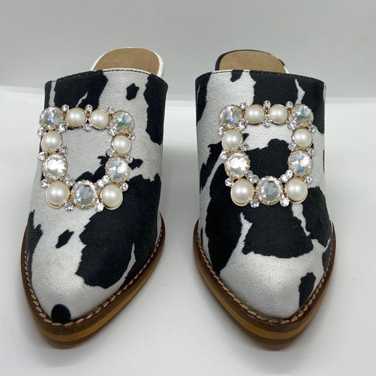 Black & White Cow Suede Pointed Toe Chunky Heel Mules with Pearl Decor