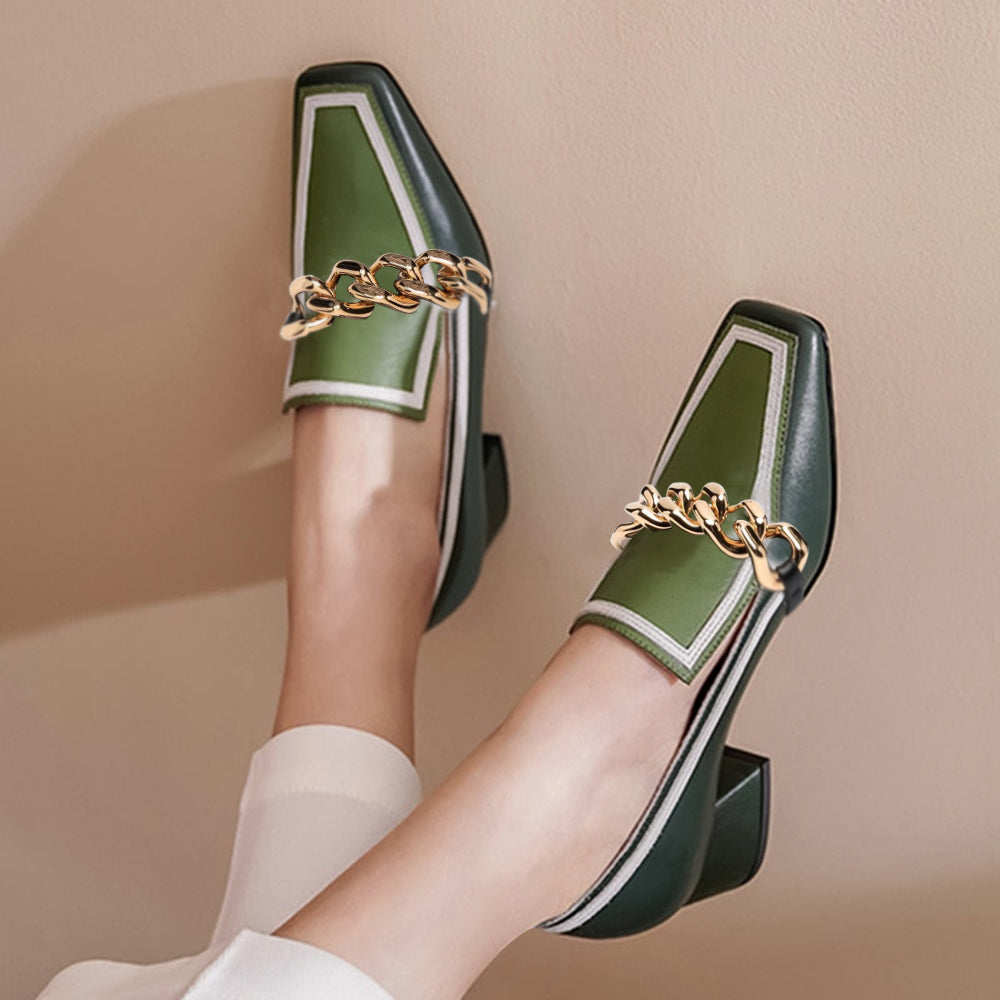 Green Square Toe Chunky Heel Women's Loafers with Gold Chain