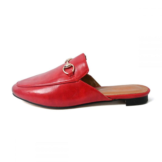 Red Vegan Leather Closed Toe Horsebit Accent Flat Mule Loafers
