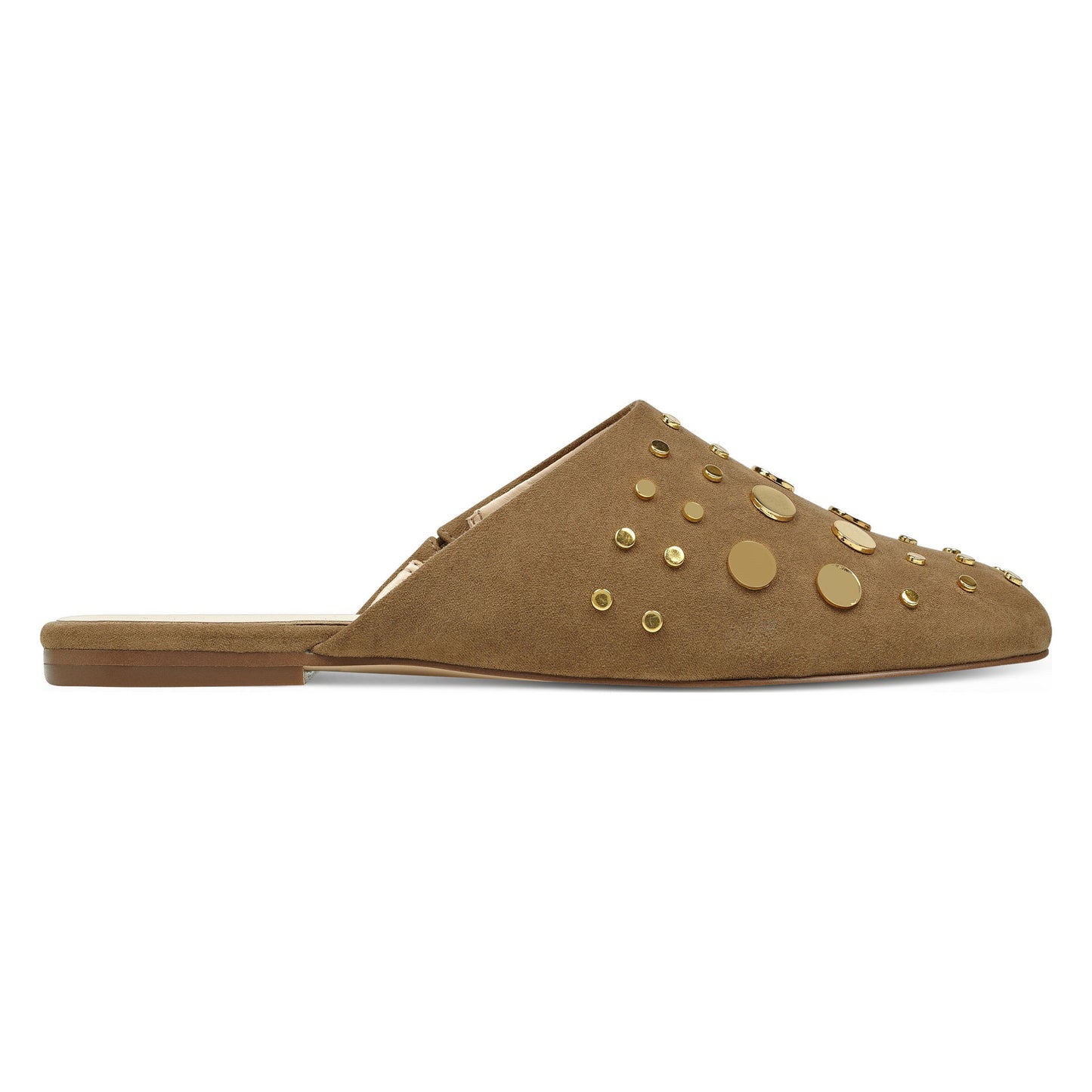 Khaki Round Toe Vegan Suede Mule Flats with Studs