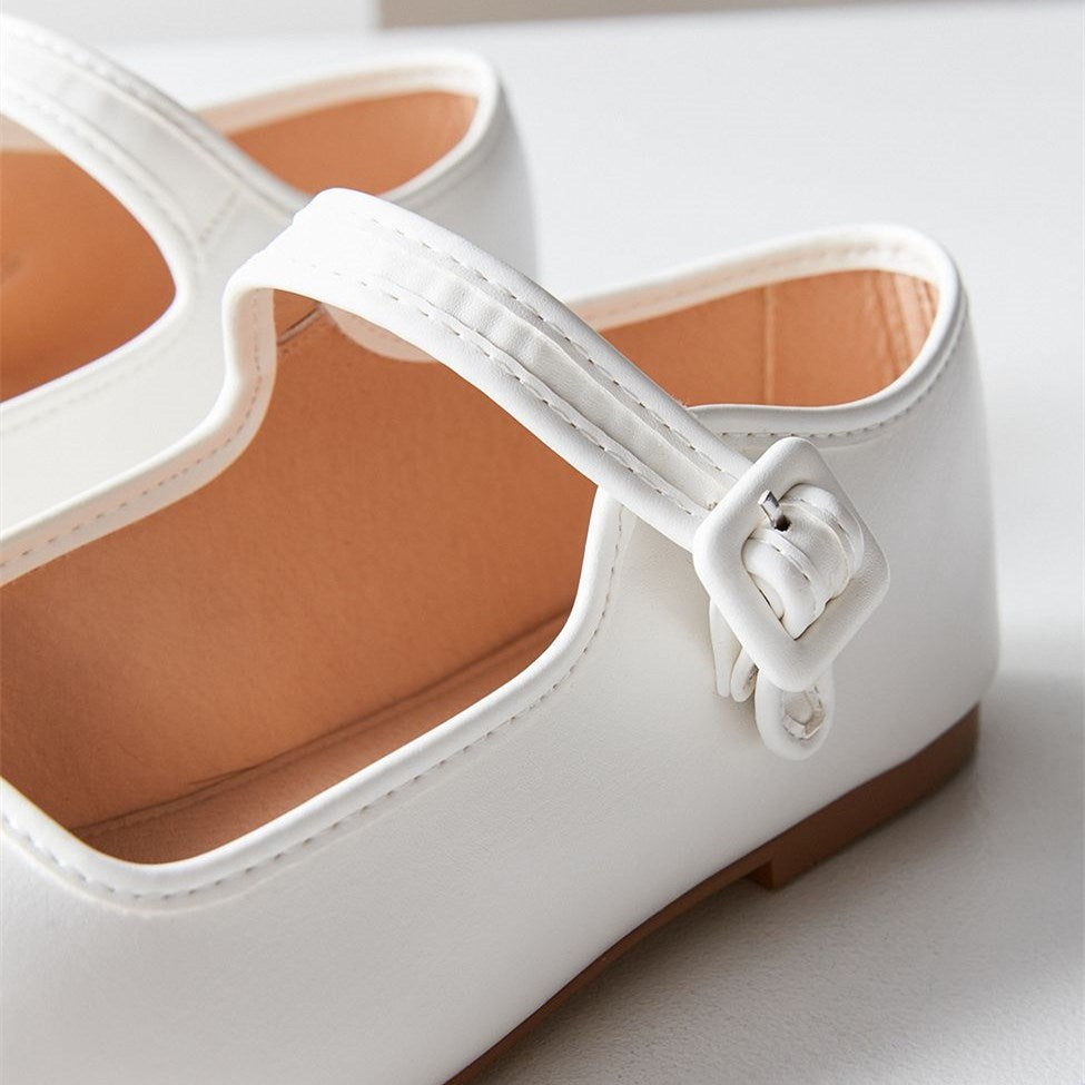 Classic White Square Toe Buckle Strap Mary Jane Flats for Women